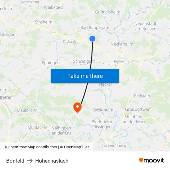 Bonfeld to Hohenhaslach map