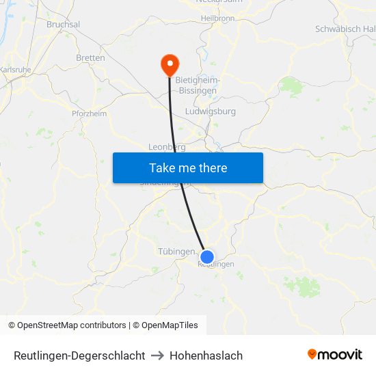 Reutlingen-Degerschlacht to Hohenhaslach map