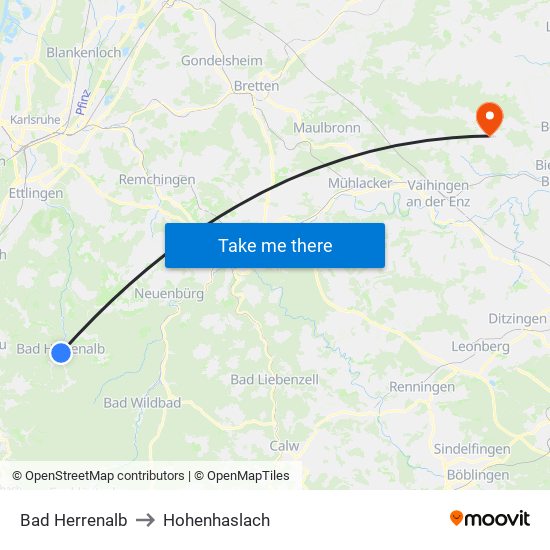 Bad Herrenalb to Hohenhaslach map