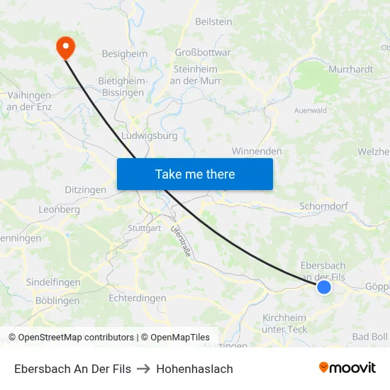 Ebersbach An Der Fils to Hohenhaslach map