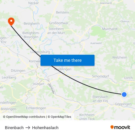 Birenbach to Hohenhaslach map