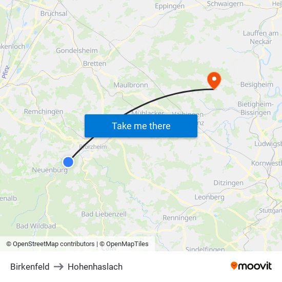 Birkenfeld to Hohenhaslach map