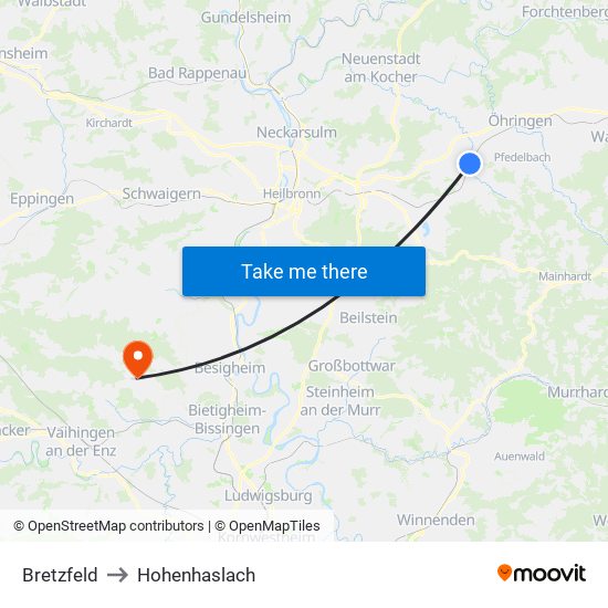 Bretzfeld to Hohenhaslach map