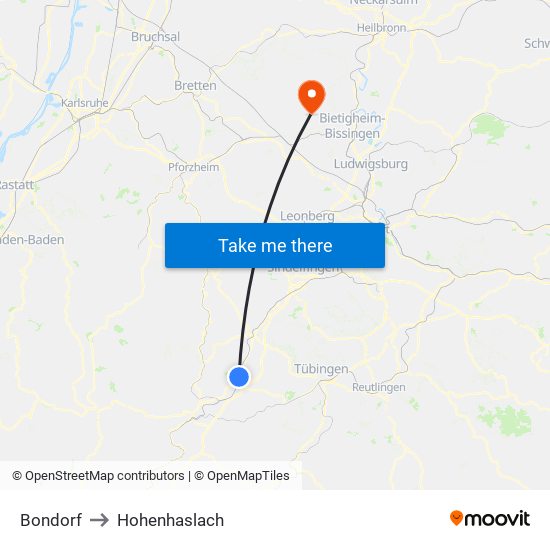 Bondorf to Hohenhaslach map