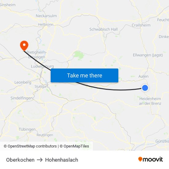 Oberkochen to Hohenhaslach map