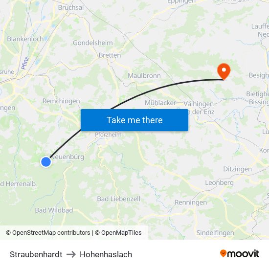 Straubenhardt to Hohenhaslach map