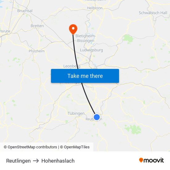 Reutlingen to Hohenhaslach map