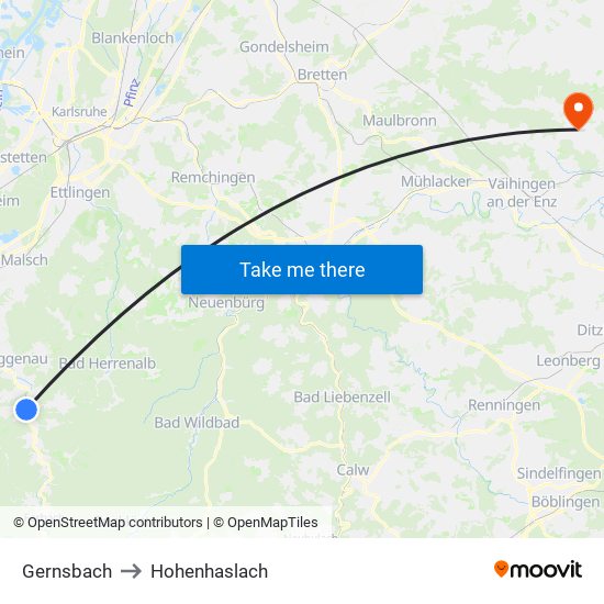 Gernsbach to Hohenhaslach map