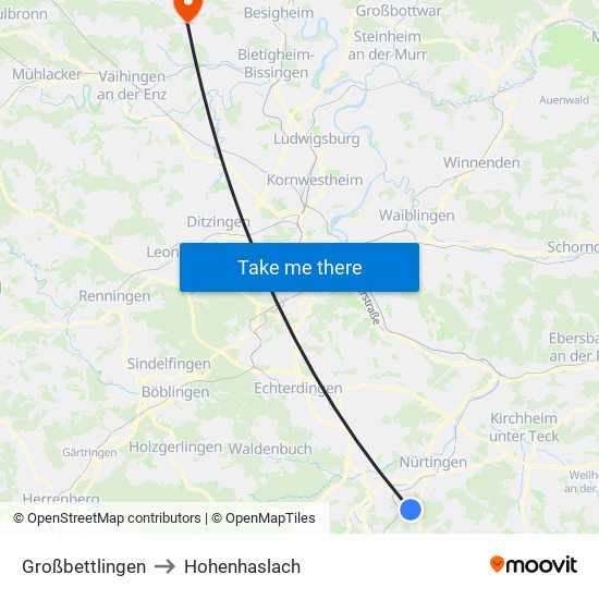 Großbettlingen to Hohenhaslach map