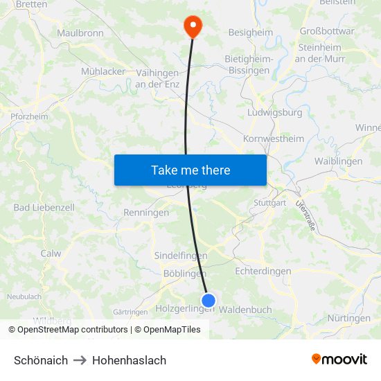 Schönaich to Hohenhaslach map