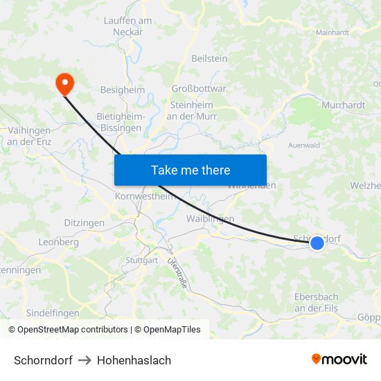 Schorndorf to Hohenhaslach map