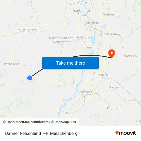 Dahner Felsenland to Malschenberg map