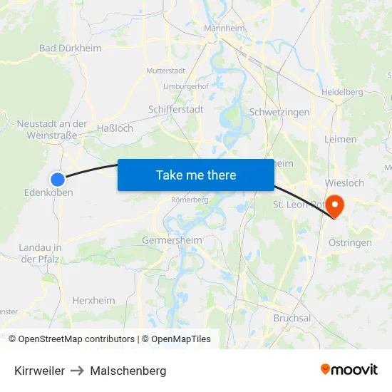 Kirrweiler to Malschenberg map