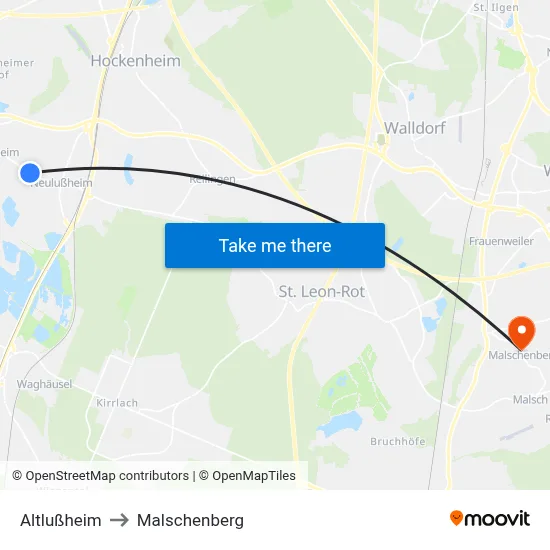 Altlußheim to Malschenberg map