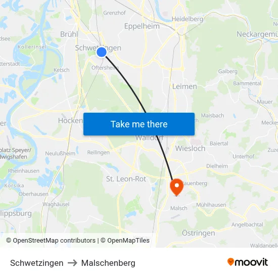 Schwetzingen to Malschenberg map