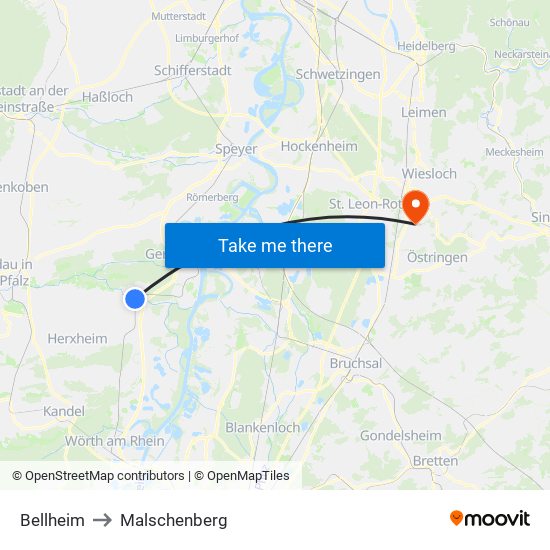 Bellheim to Malschenberg map