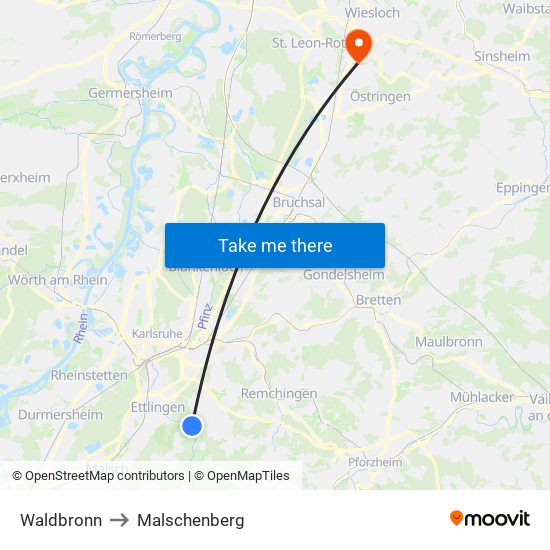 Waldbronn to Malschenberg map