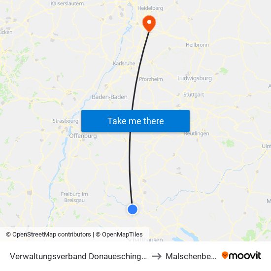 Verwaltungsverband Donaueschingen to Malschenberg map