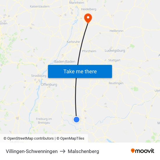 Villingen-Schwenningen to Malschenberg map