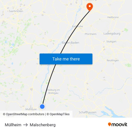 Müllheim to Malschenberg map