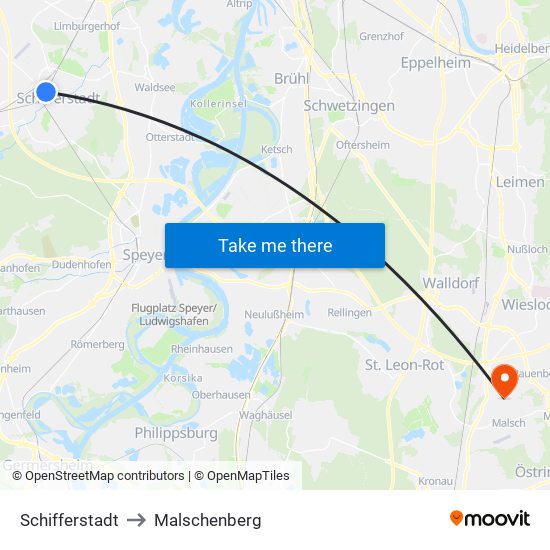 Schifferstadt to Malschenberg map