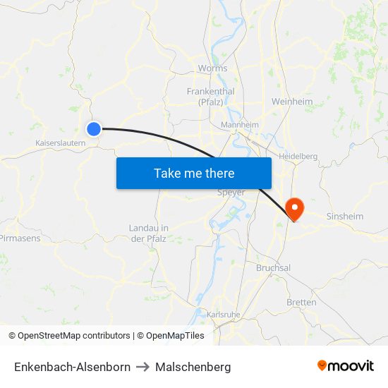 Enkenbach-Alsenborn to Malschenberg map