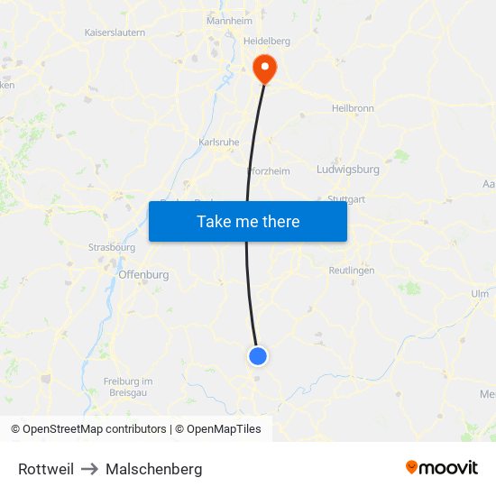 Rottweil to Malschenberg map