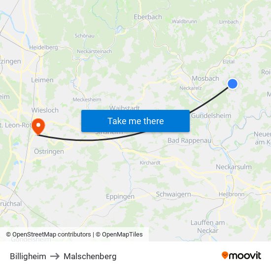 Billigheim to Malschenberg map