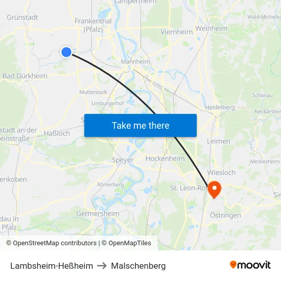 Lambsheim-Heßheim to Malschenberg map