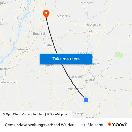 Gemeindeverwaltungsverband Waldenbuch/Steinenbronn to Malschenberg map