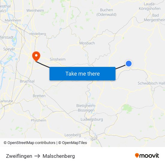 Zweiflingen to Malschenberg map