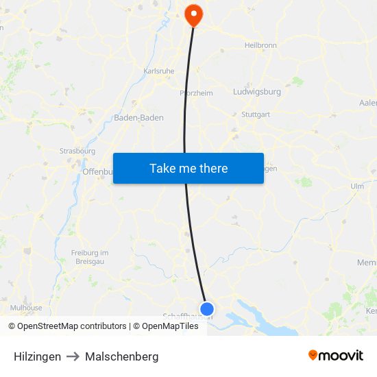 Hilzingen to Malschenberg map