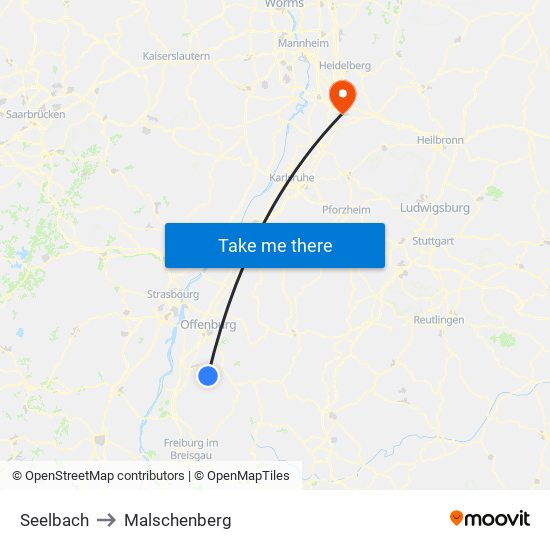 Seelbach to Malschenberg map