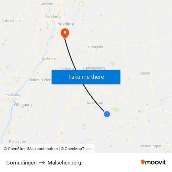 Gomadingen to Malschenberg map