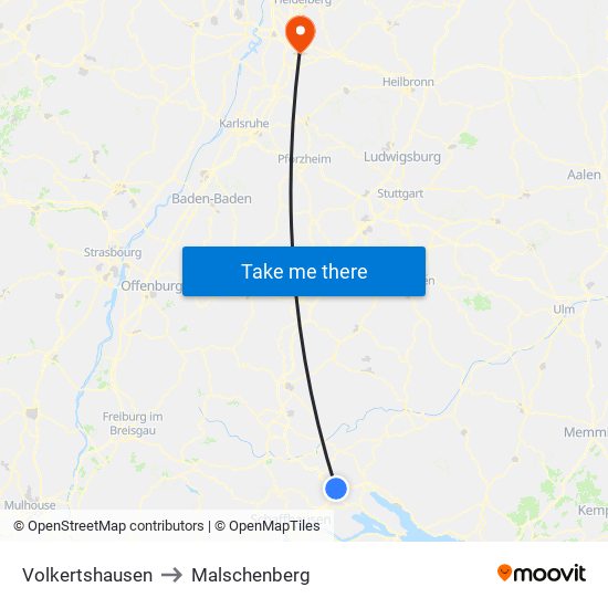 Volkertshausen to Malschenberg map