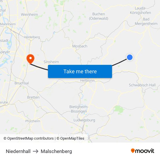 Niedernhall to Malschenberg map