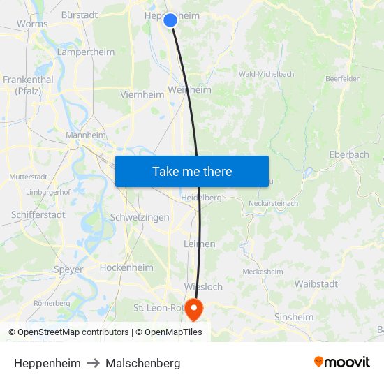 Heppenheim to Malschenberg map