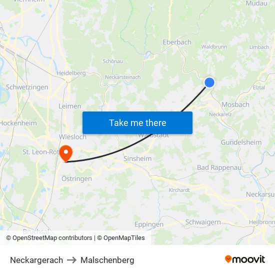 Neckargerach to Malschenberg map