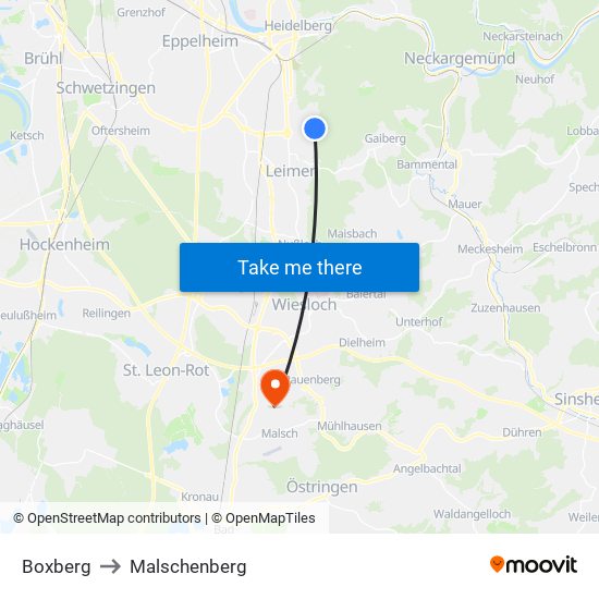Boxberg to Malschenberg map