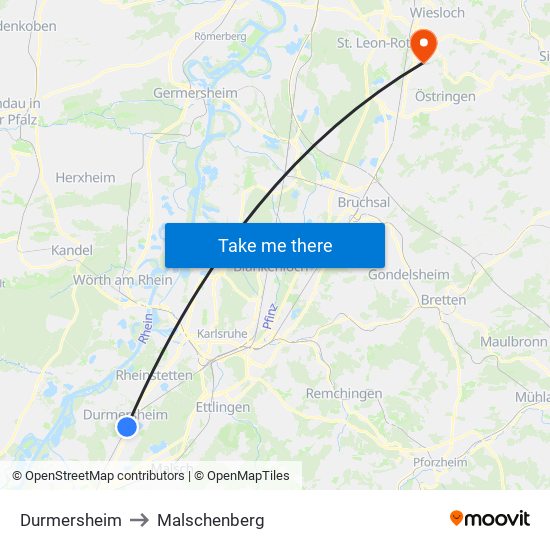 Durmersheim to Malschenberg map