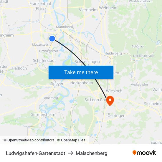 Ludwigshafen-Gartenstadt to Malschenberg map