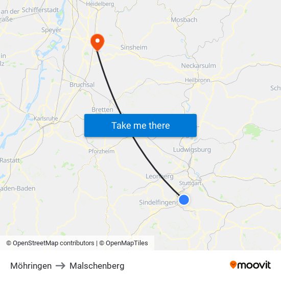 Möhringen to Malschenberg map