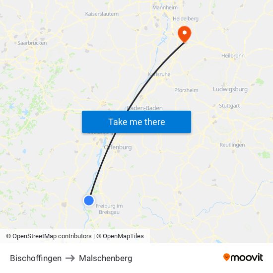 Bischoffingen to Malschenberg map