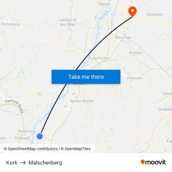 Kork to Malschenberg map