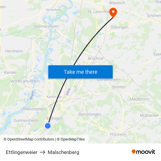 Ettlingenweier to Malschenberg map