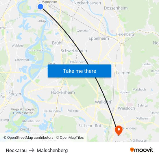 Neckarau to Malschenberg map