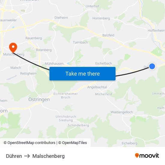 Dühren to Malschenberg map