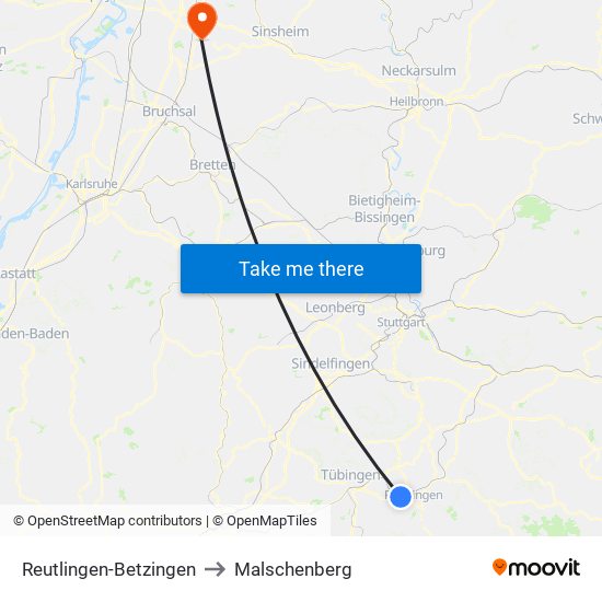 Reutlingen-Betzingen to Malschenberg map