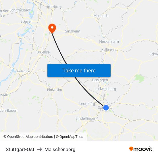 Stuttgart-Ost to Malschenberg map