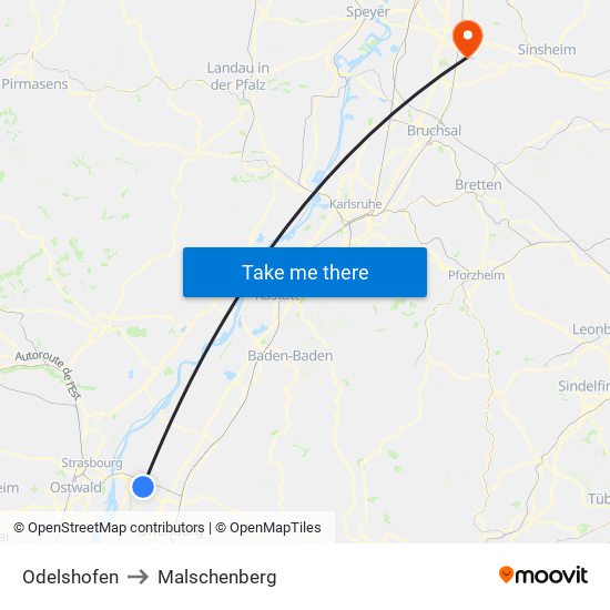 Odelshofen to Malschenberg map